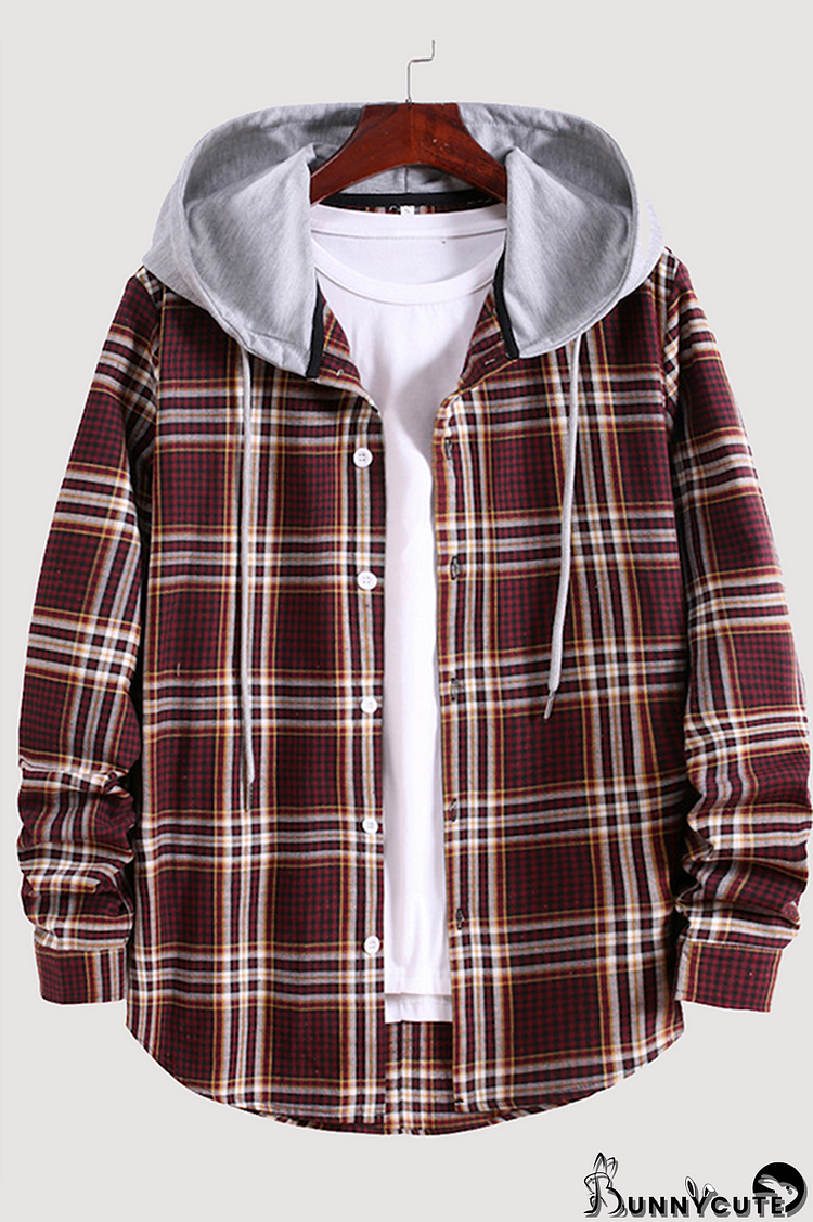 Burgundy Fashion Casual Plaid Make Old Buckle Hooded Collar Outerwear