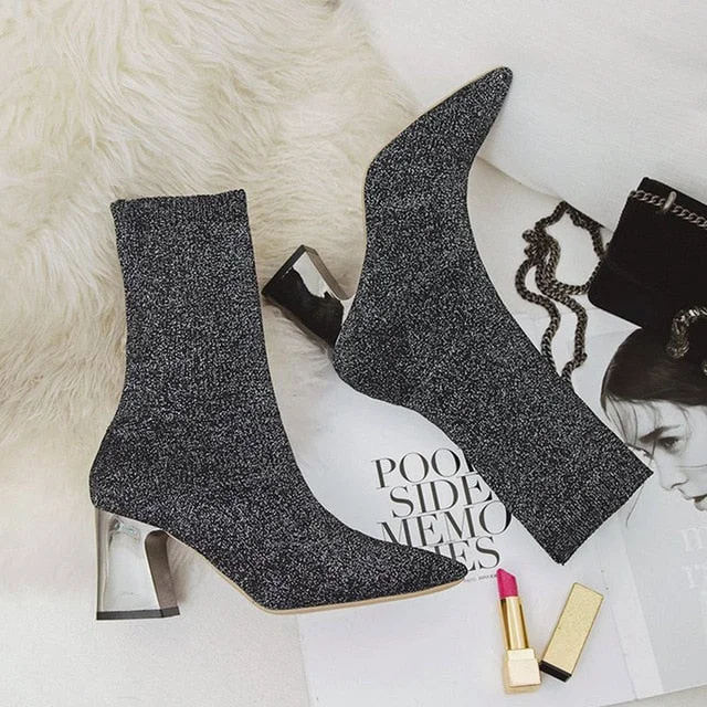 Women Knitting Elastic Ankle Boots Autumn Square Middle Heels Female Pointed Toe Short Sock Boot Ladies Casual Fashion Shoes