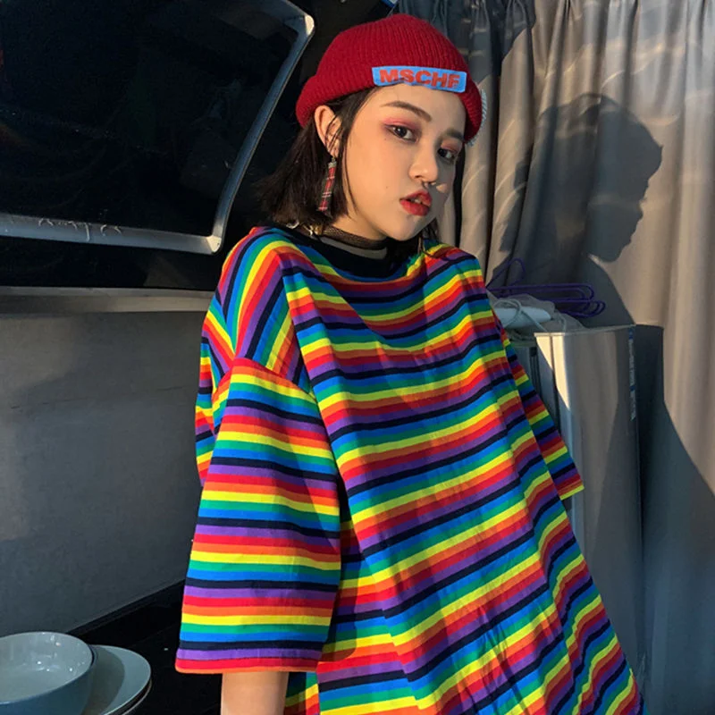 2020 Spring Fall Oversize Women Tshirts Long Candy Streetwear Casual Striped T-shirt Harajuku Patchwork Tops Long sleeve rainbow