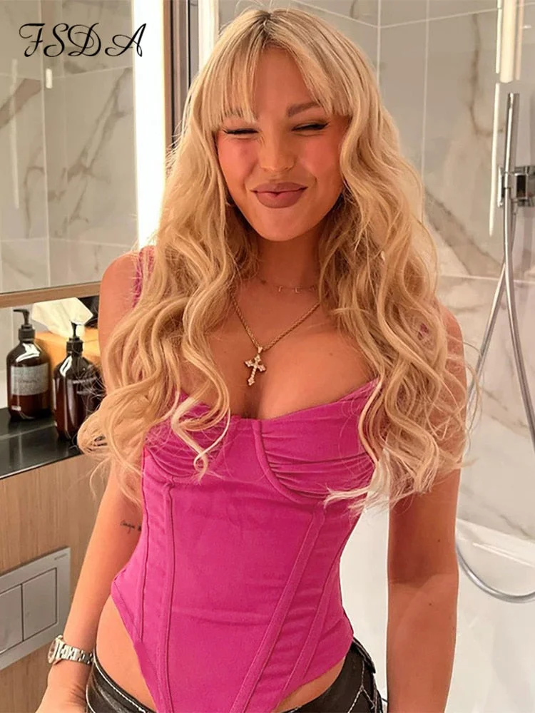 FSDA 2021 V Neck Black Sexy Crop Top Corset Women Sleeveless Cami Y2K Summer Party Tube Tank Tops Off Shoulder Backless