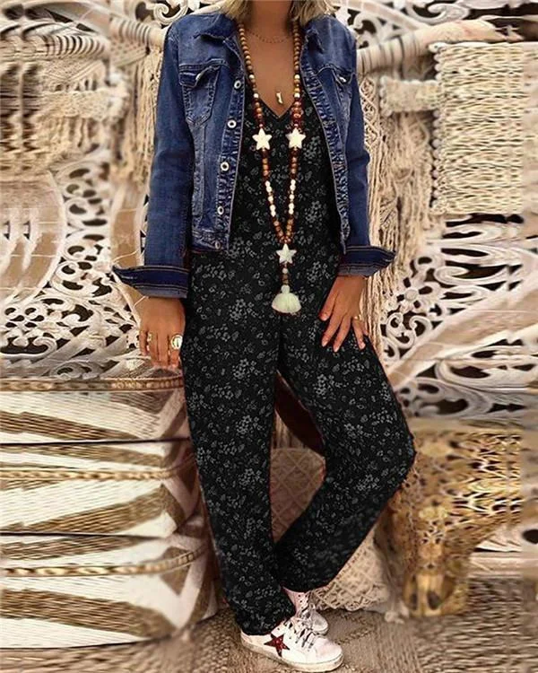 bohemian printed colour v neck bare back sleeveless jumpsuit p94508
