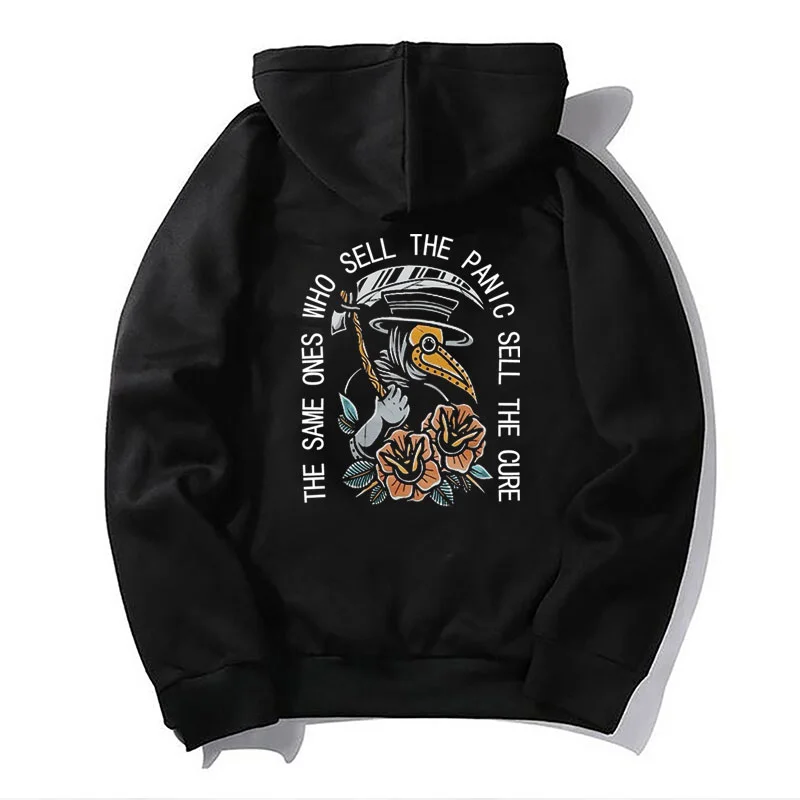 THE SAME ONES WHO SELL THE PANIC SELL THE CURE Graphic Black Print Hoodie