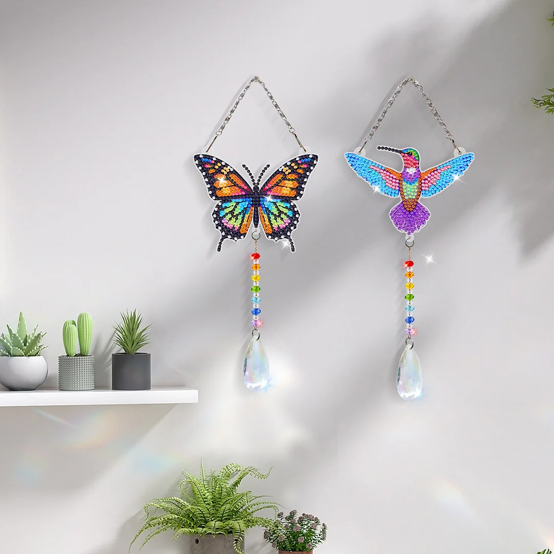 2Pcs Beautiful Butterflies and Hummingbirds DIY Double-Sided Diamond Painting Hanging Kits Diamond Painting Suncatcher Craft Kit for Home Garden Wall Decor Gift