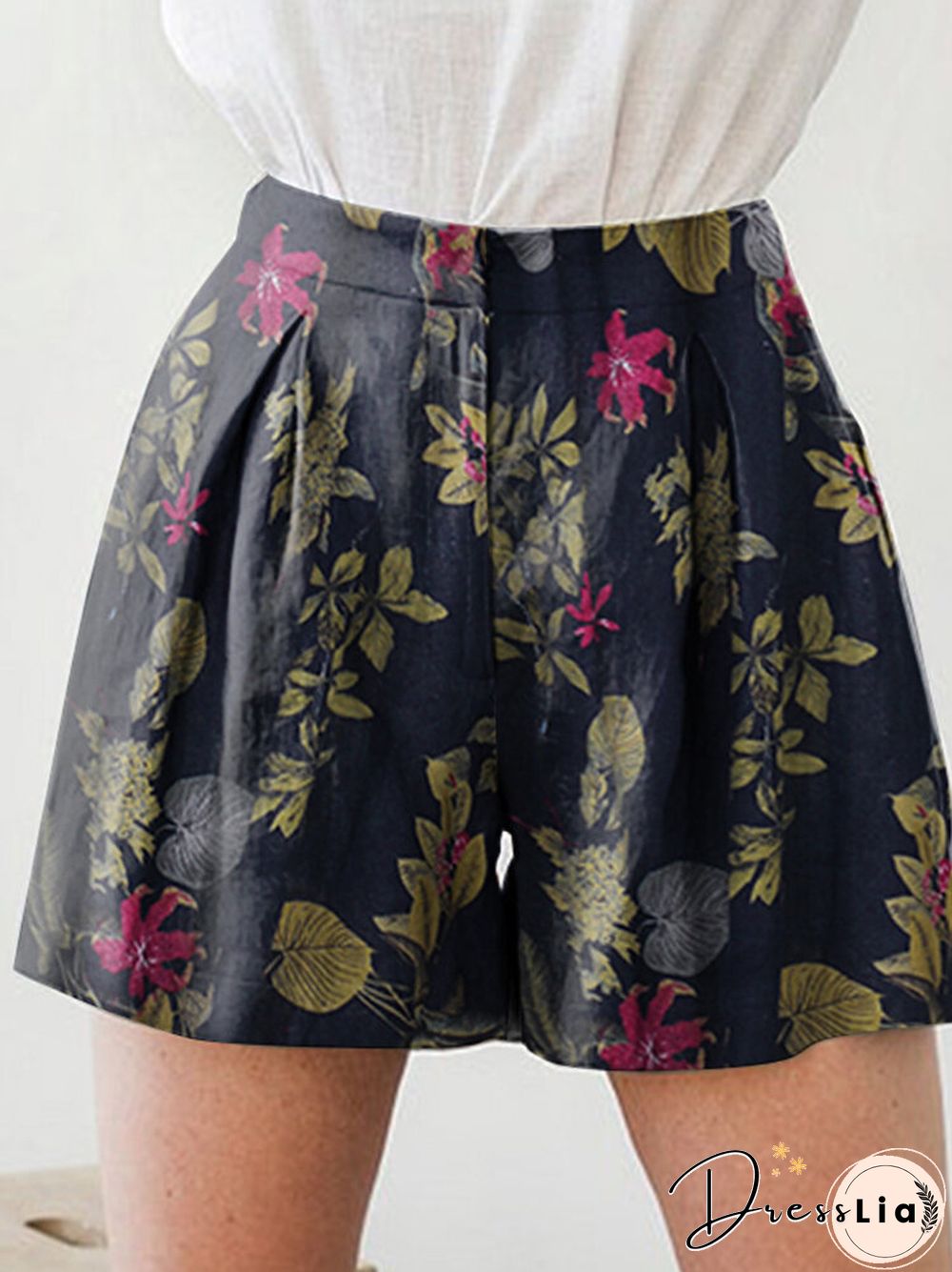 Plant Print Pocket Ruched Casual Shorts