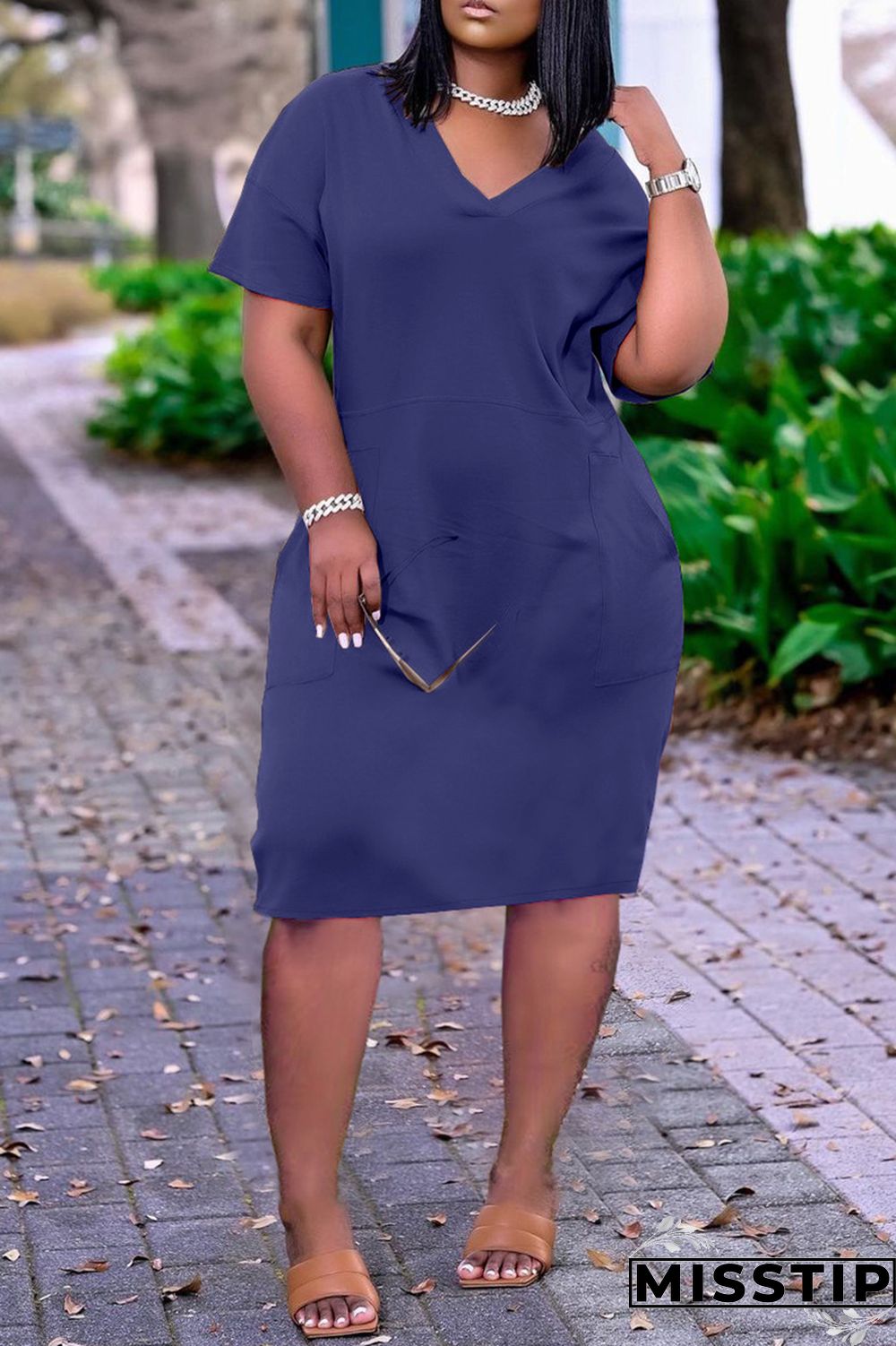 Dark Blue Fashion Casual Solid Basic V Neck Short Sleeve Dress