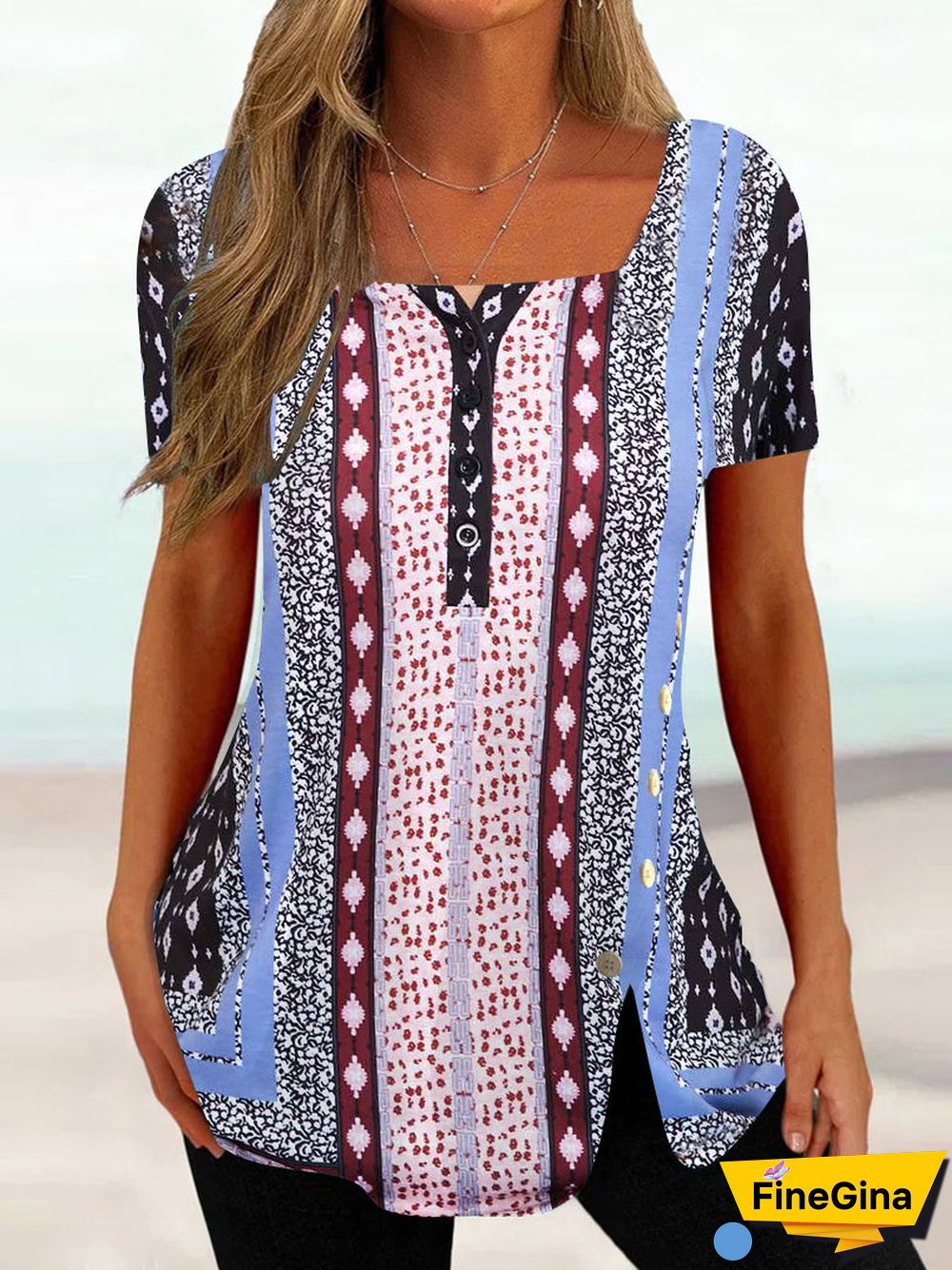 Women Short Sleeve U-neck Graphic Printed Buttons Tops