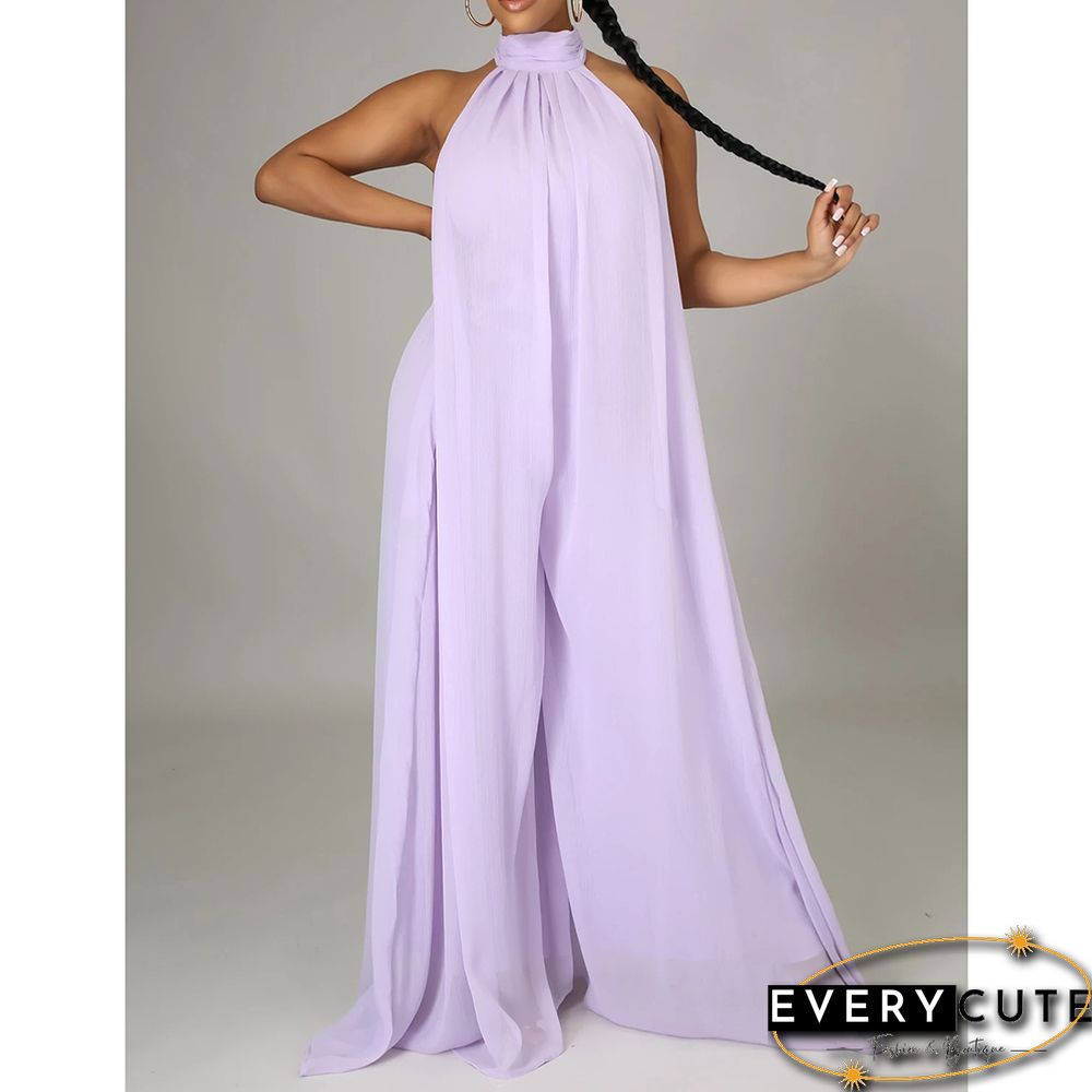 Light Purple Halter Neck Backless Chiffon Wide Leg Jumpsuit