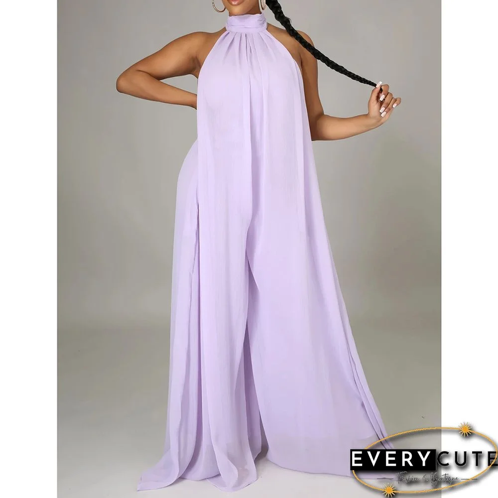 Light Purple Halter Neck Backless Chiffon Wide Leg Jumpsuit