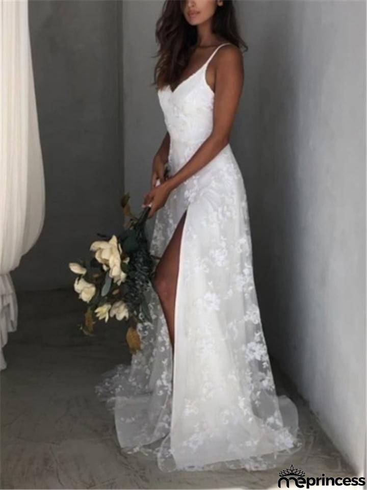 Spaghetti Strap Low V Neck Floral Lace High Slit Wedding Dress