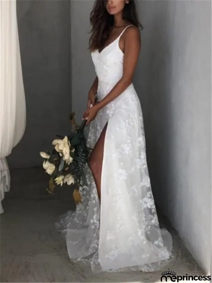 Spaghetti Strap Low V Neck Floral Lace High Slit Wedding Dress