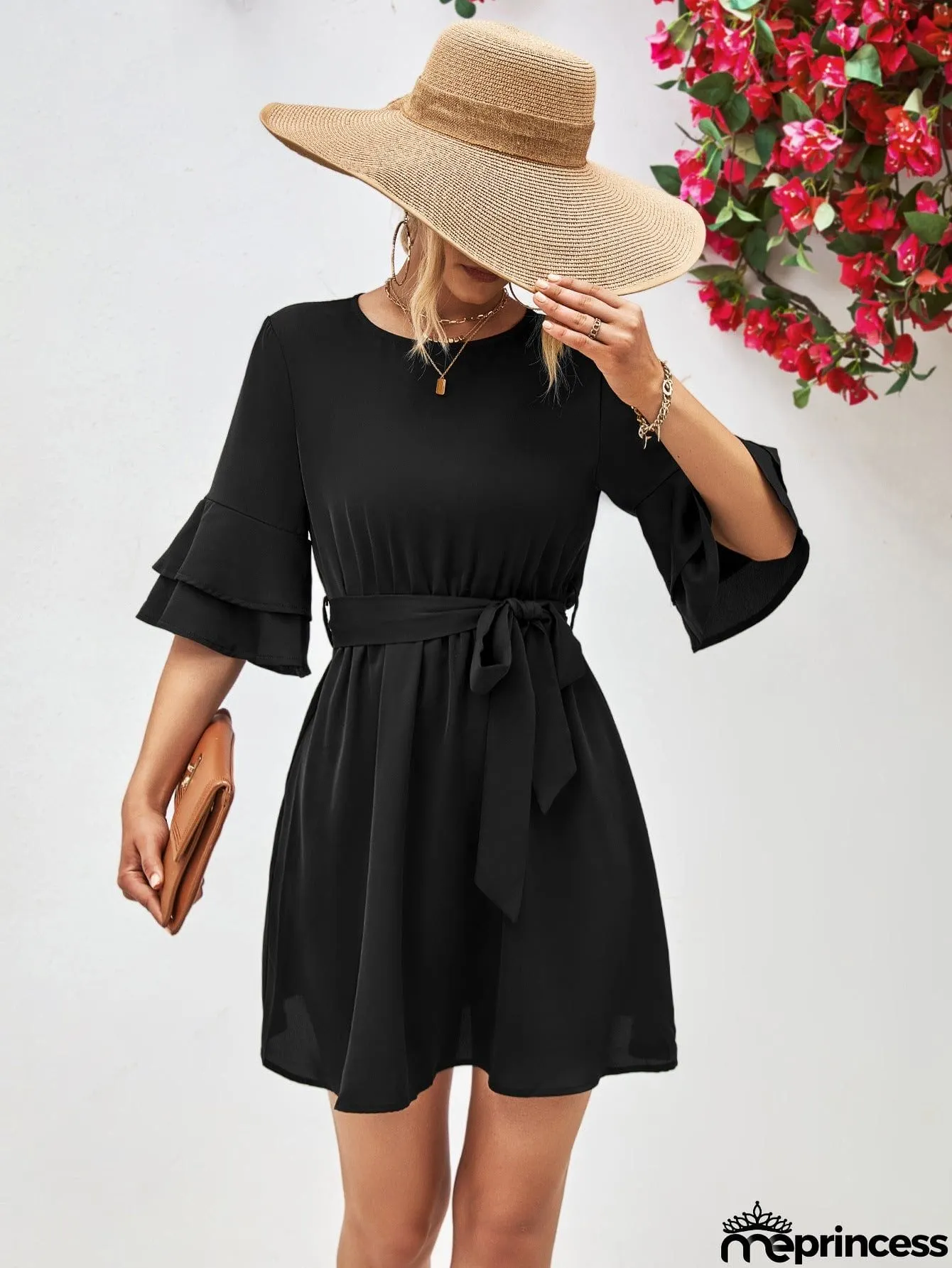 Round Neck Tie Belt Flounce Sleeve Dress