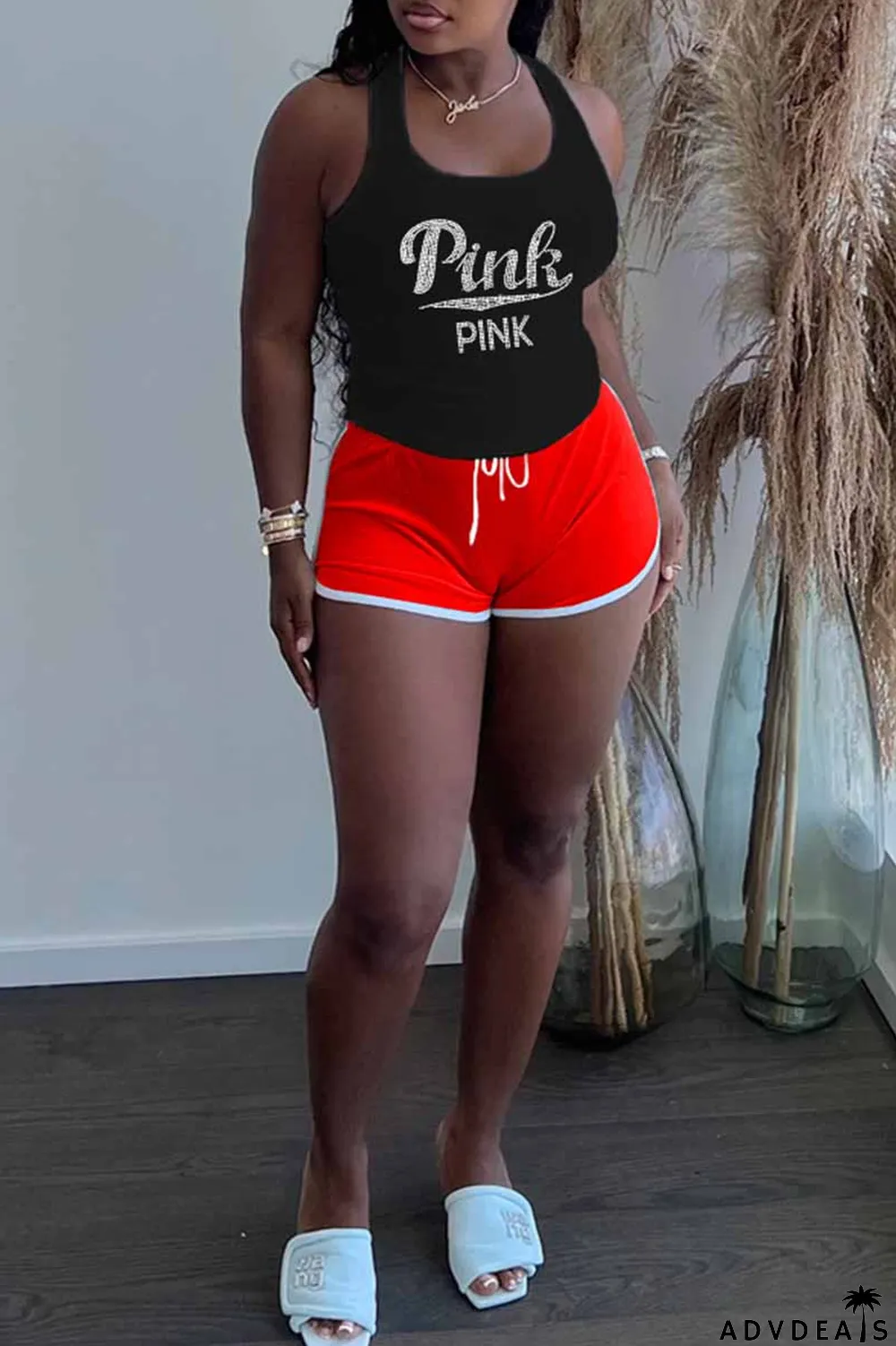 Khaki Casual Letter Hot Drill U Neck Plus Size Two Pieces