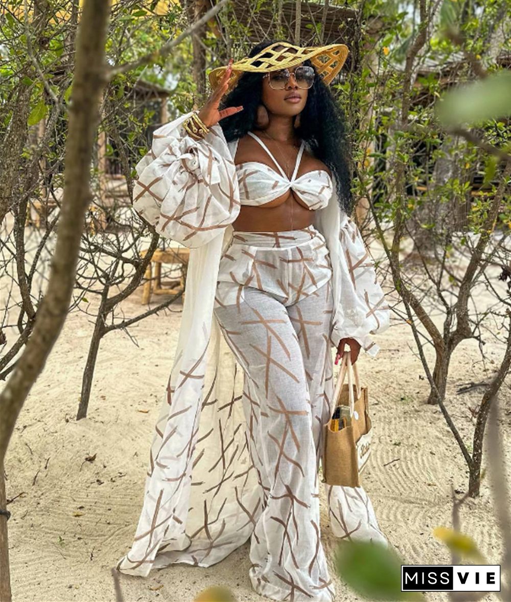 Sexy Bra+Long Sleeve Robe+Wide Leg Pants 3 Pcs Set