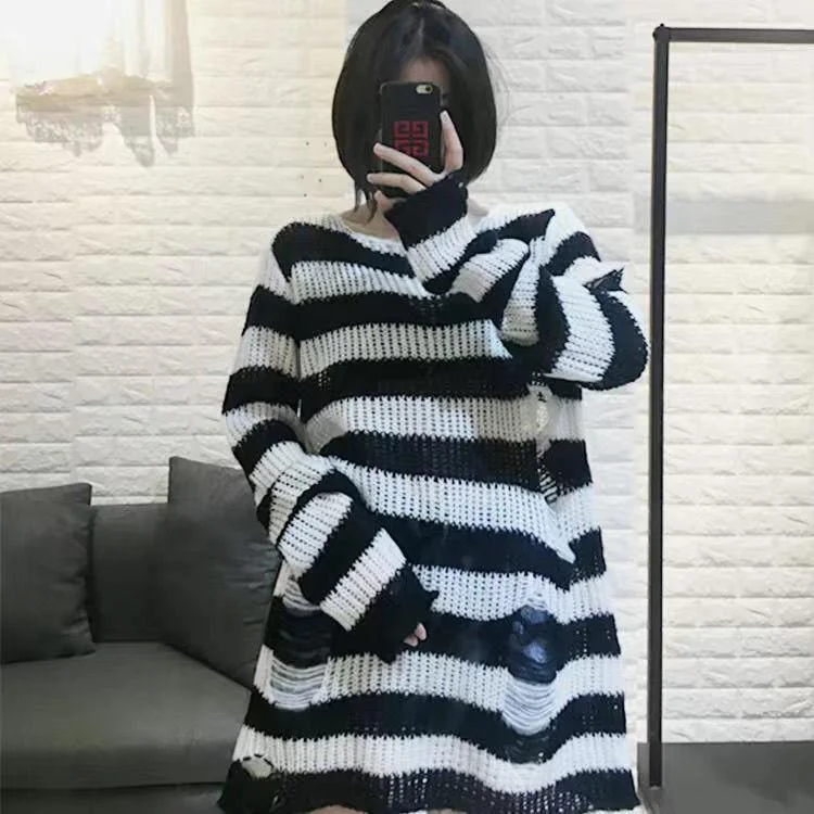 Ueong Ueong Long Punk Dark Match Broken Hole Torn Sweater Female Couple Striped Loose Niche Knit Woman