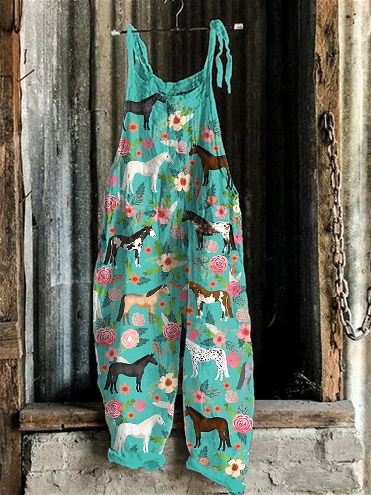 Comstylish Western Horse & Floral Print Linen Blend Casual Jumpsuit