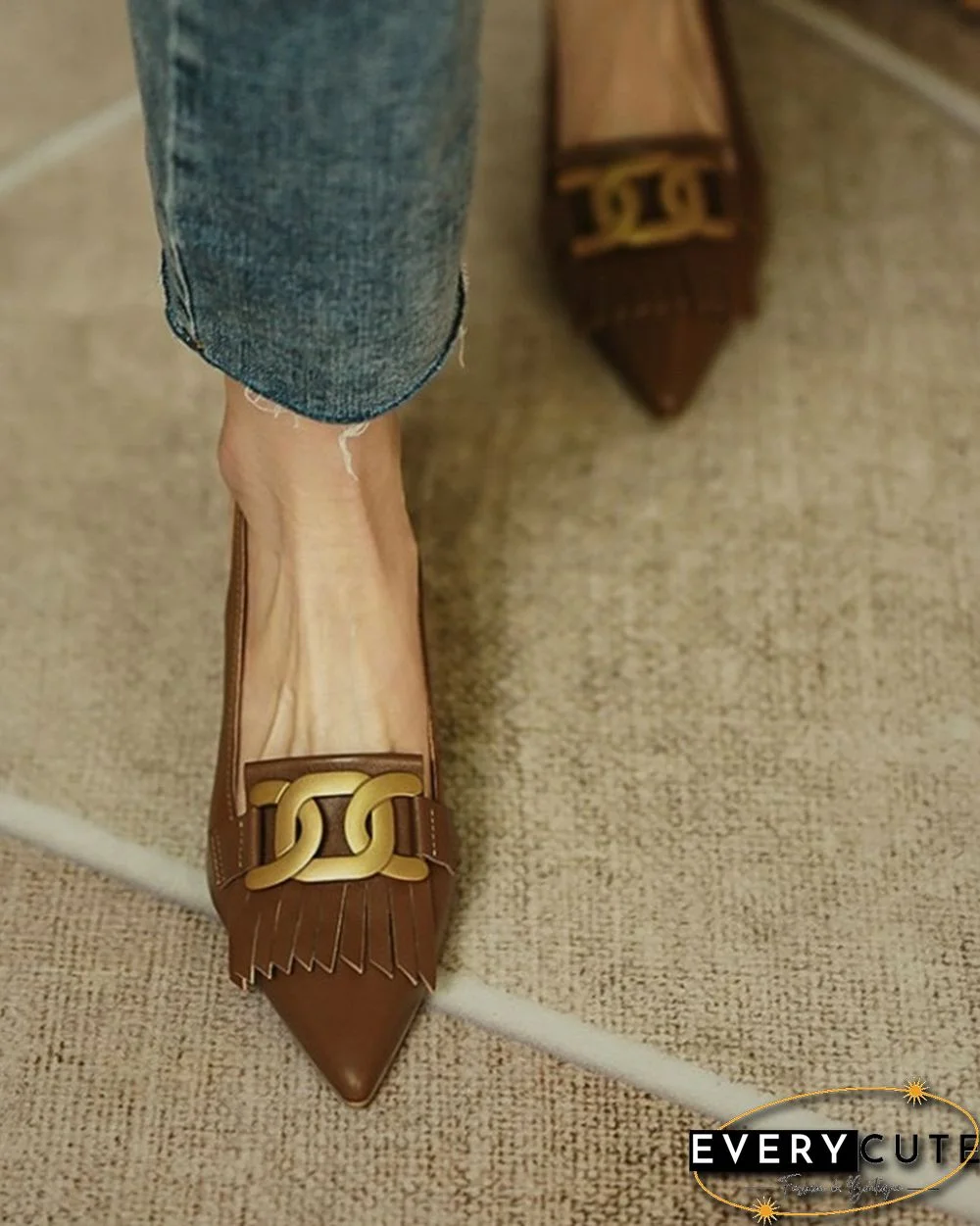 Pointed-toe Solid Color Splicing Tassel Buckles PU Leather High Heels