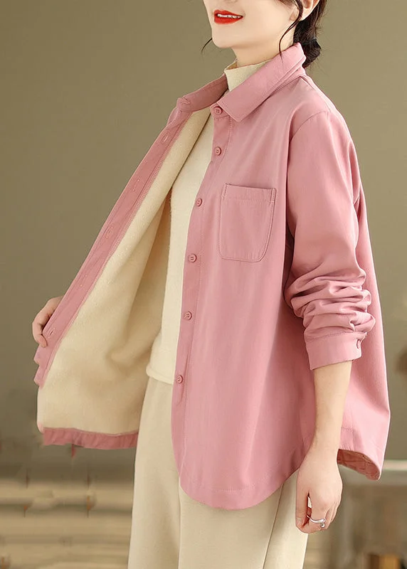 French Pink Oversized Pockets Fleece Wool Lined Coats Winter