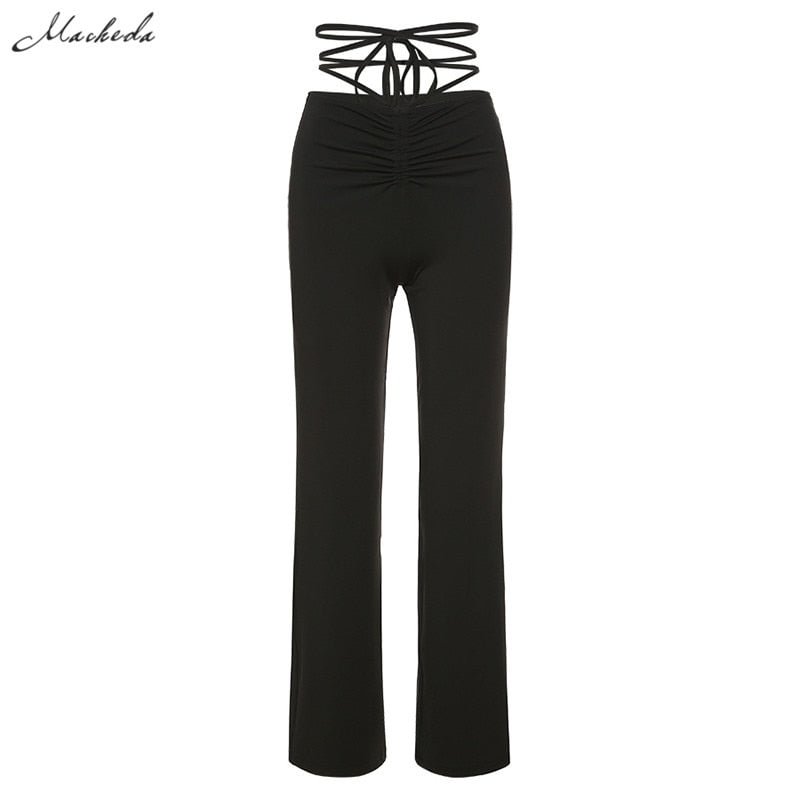 Macheda Black High Waist Lace Up Bandage Straight Pants Women street Casual Slim Trousers Lady Elastic Solid Leisure Pants 2020