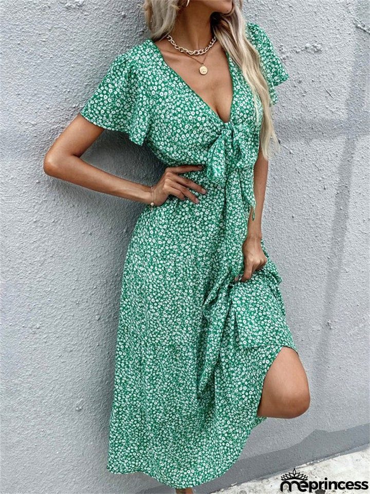 Stylish Elegant Slim Green Printed V Neck Short Sleeve Dresses