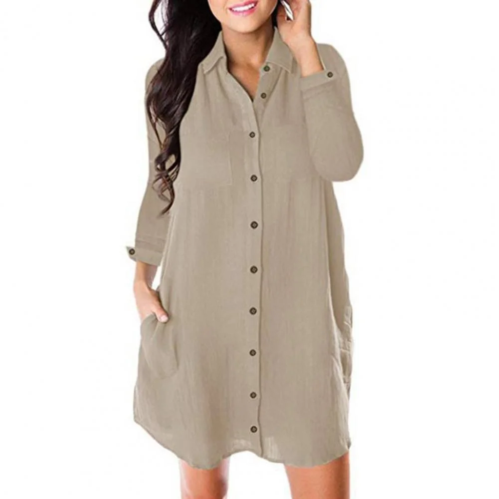 Office Lady Shirt Dresses Loose Cardigan Blouses Turn-down Collar Single Breasted Pocket Casual Long Sleeve Shirt Dress robe