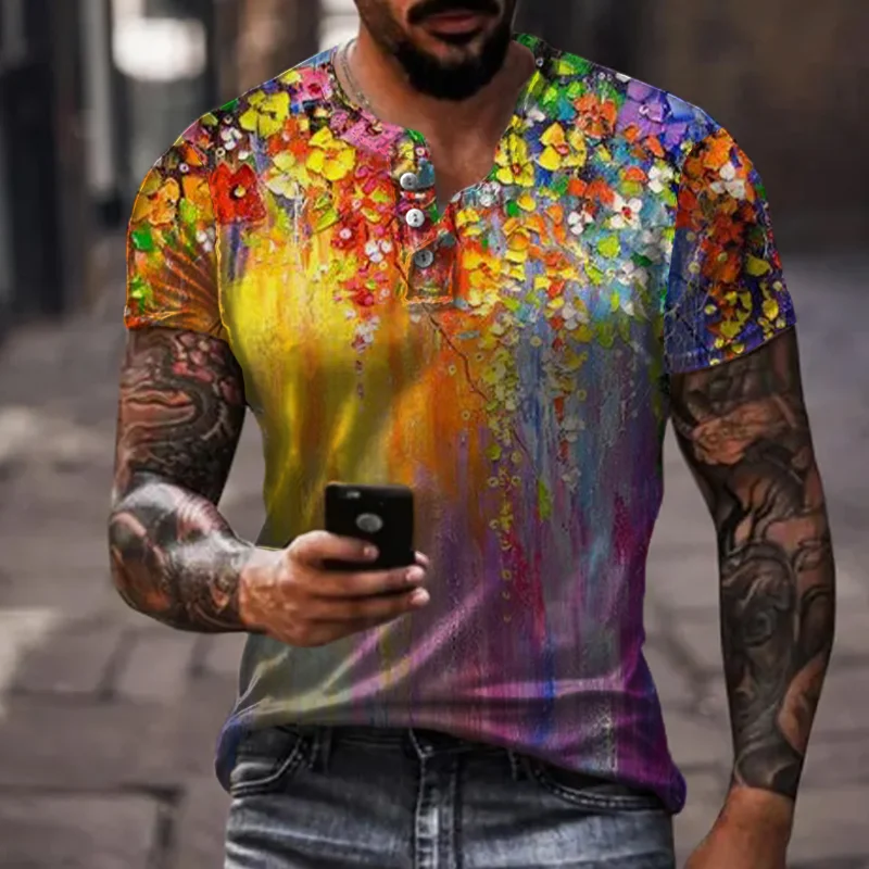 Men'S Colorful Oil Painting Flower Print Henry T-Shirt