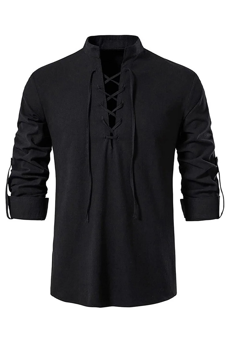 Medieval Black Halloween Linen Lace Up Stand-Up Collar Roll Tab Sleeve Blouse