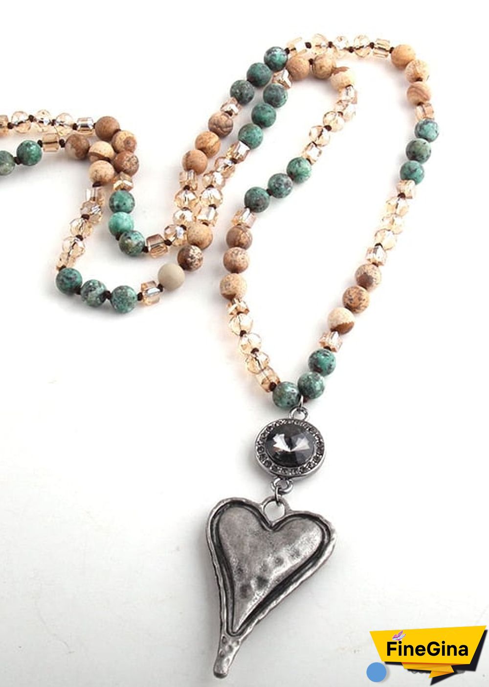 Boho Necklace, RH Amazonite Jasper, Heart Brown Natural Stone