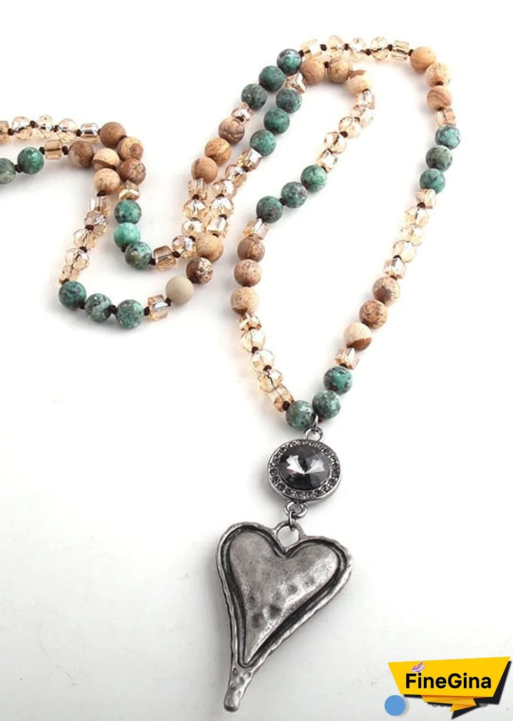 Boho Necklace, RH Amazonite Jasper, Heart Brown Natural Stone