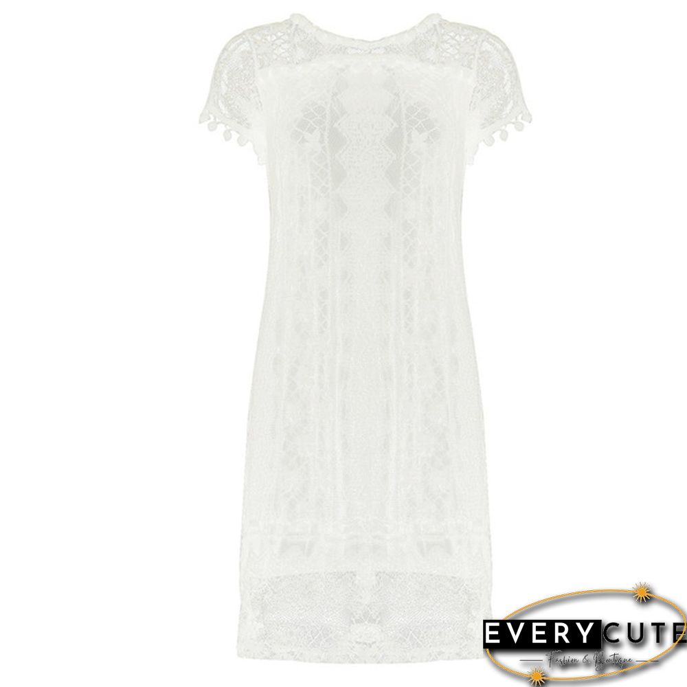 (S-5XL)Fashion Summer Dress Women Casual Sleeveless Short Dress Tassel Solid White Mini Lace Dress Plus Size