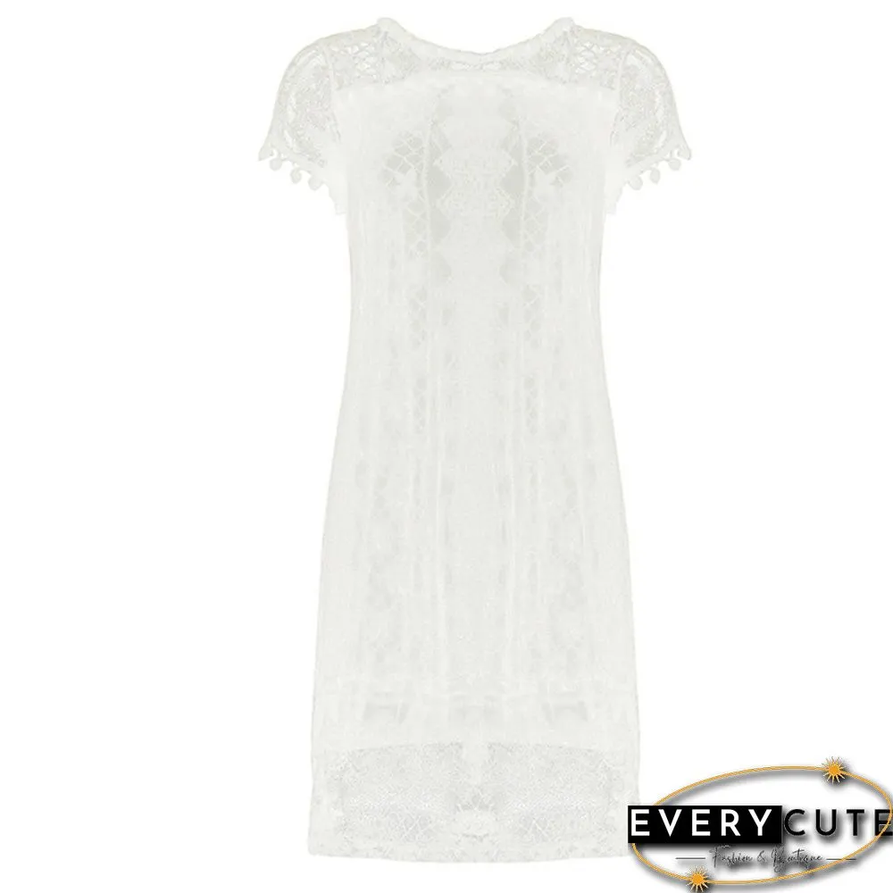 (S-5XL)Fashion Summer Dress Women Casual Sleeveless Short Dress Tassel Solid White Mini Lace Dress Plus Size