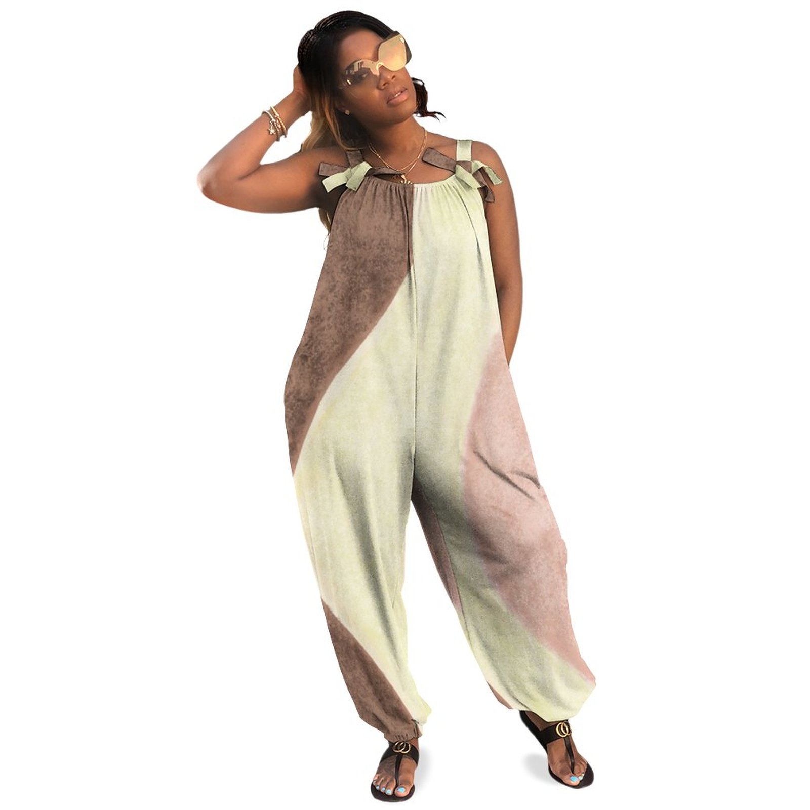 Neapolitan Ice Cream Women Loose Harem Jumpsuit Sleeveless Plus Size Summer Casual Sequin Plus Size Utility Romper Polyester Spandex