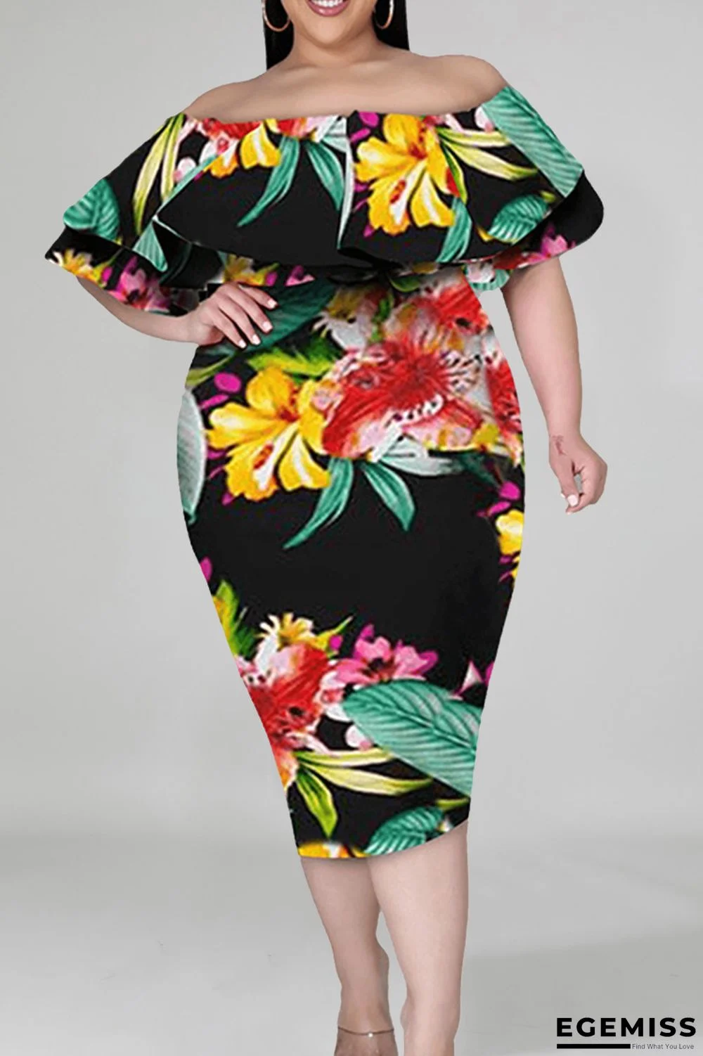 Black Fashion Casual Plus Size Print Patchwork Off the Shoulder Short Sleeve Dress | EGEMISS
