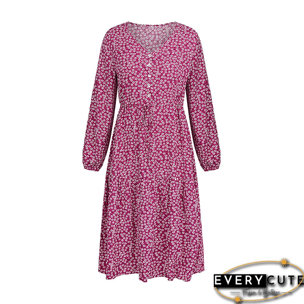 Red Floral Print V Neck Long Sleeve Dress