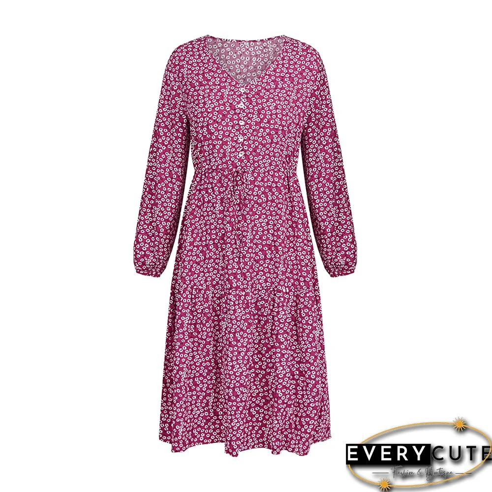 Red Floral Print V Neck Long Sleeve Dress