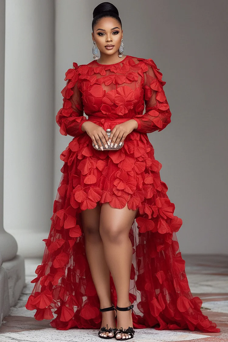 Xpluswear Design Plus Size Party Red Round Neck Long Sleeve High Low Hem Elegant See Through Tulle Mini Dresses [Pre-Order]