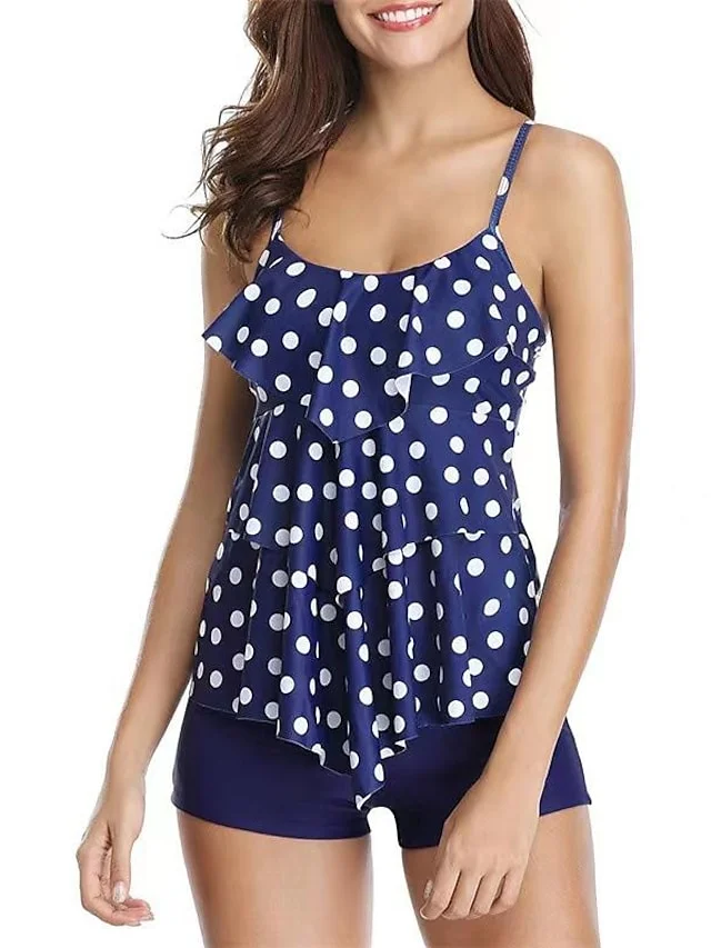 Women's Swimwear Tankini 2 Piece Normal Swimsuit 2 Piece Printing Polka Dot Floral Green leaves Pink flower blue hundred points green leaves on white background Black Tank Top Bathing Suits Sports | IFYHOME
