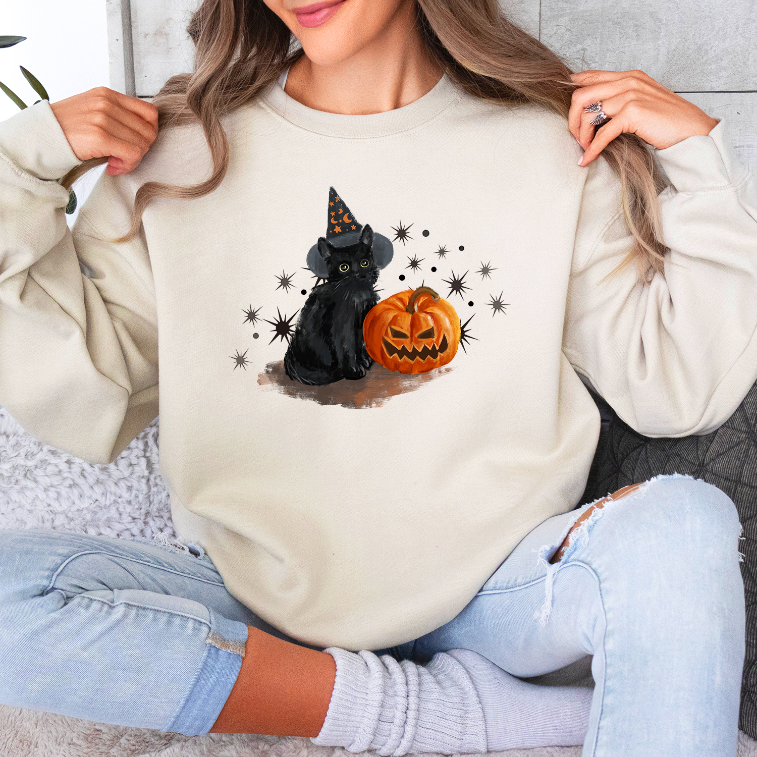 Loveyoufancy Black Cat With Pumpkin Halloween Sweatshirt, Spooky Cat Sweatshirt