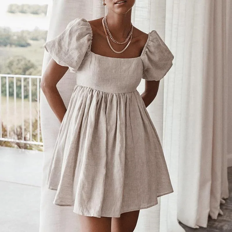 Women Vintage Lantern Sleeve Hemp A-Line Dress Short Sleeve Square Collar Solid Elegant Casual Mini Dress 2021 Summer New Dress