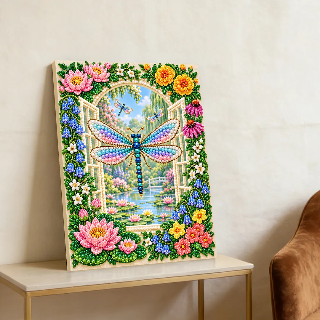 Framed Pearl Painting Kit Dragonfly Flowers 30x40cm