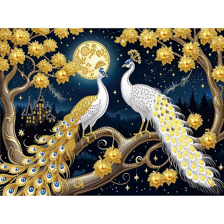 White Peacock With Golden Feathers Under The Moon 40*30cm (Canvas) Special Shaped Drill Diamond Painting gbfke