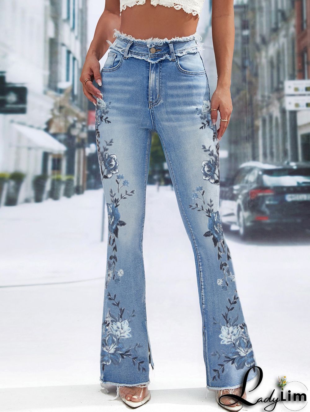 UR Vintage Floral High Waist Raw Trim Flared Denim Pants