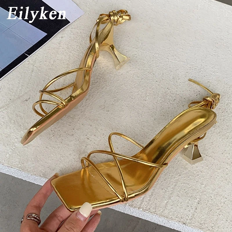 Eilyken Fashion Gold silver Women Sandals Thin Low Heel Lace Up Rome Sandal Summer Gladiator Casual Sandal Narrow Band Shoes
