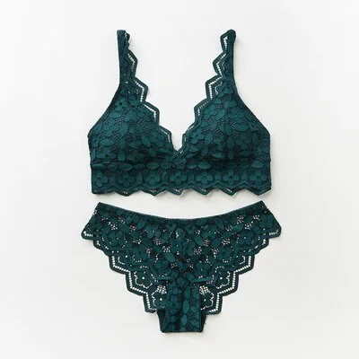 Wriufred Women's Underwear Set Sexy Lace Removable Chest Pad Bralette Two Piece Bra Briefs Set Push Up Sleepwear Lingerie Set