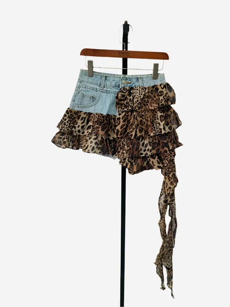 Toloer Denim Irregular Patchwork Ruffles Mini Skort-Outfit Ideas