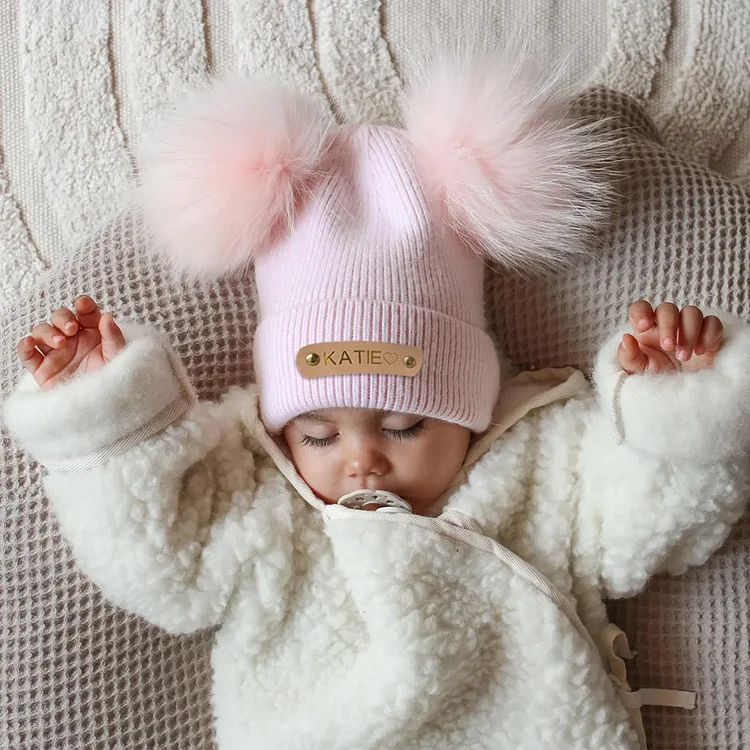 Customizable Leather Patch Beanie, Charming Personalized Winter Hat for Children and Adults