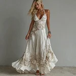 Women's Vintage White Flowers Embroidery Art V-neck Suspender Maxi Dress - Image 2