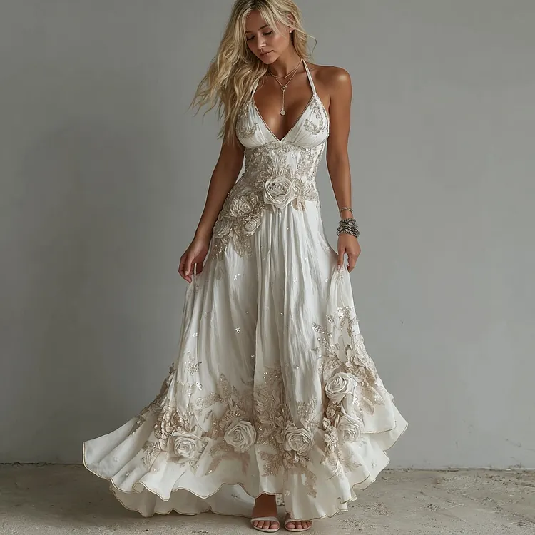 Women's Vintage White Flowers Embroidery Art V-neck Suspender Maxi Dress