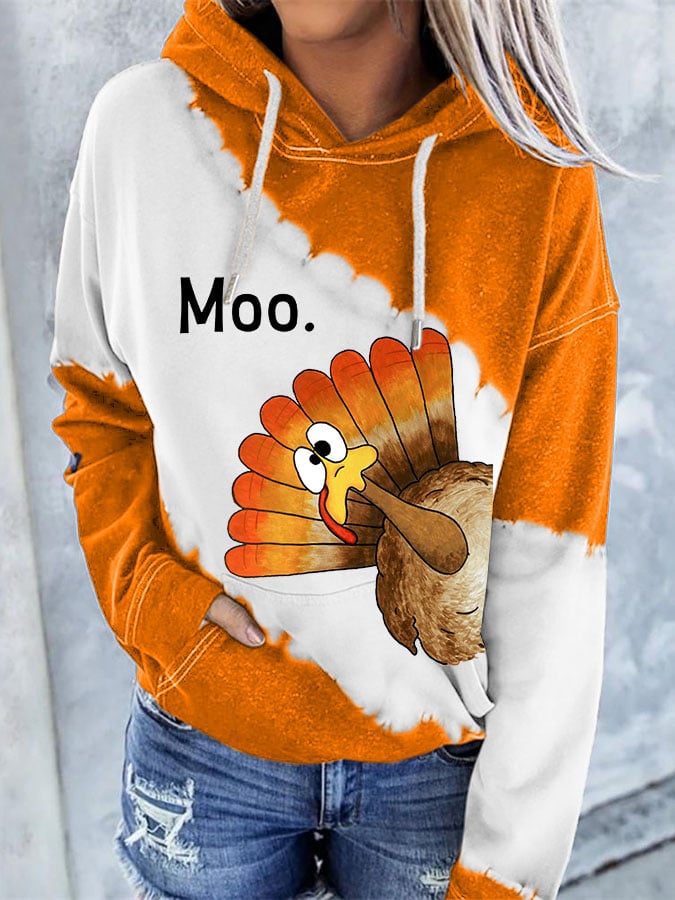 Women'S Thanksgiving Turkey Moo Printed Hoodie