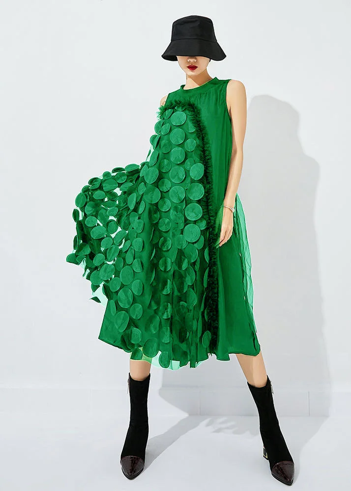 Bohemian Light Green Asymmetrical Patchwork Wrinkled Tulle Maxi Dress Sleeveless