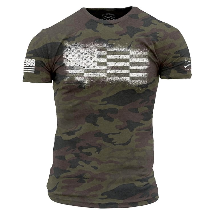 Woodland Camo Bar Flag Short Sleeve Casual T-Shirt
